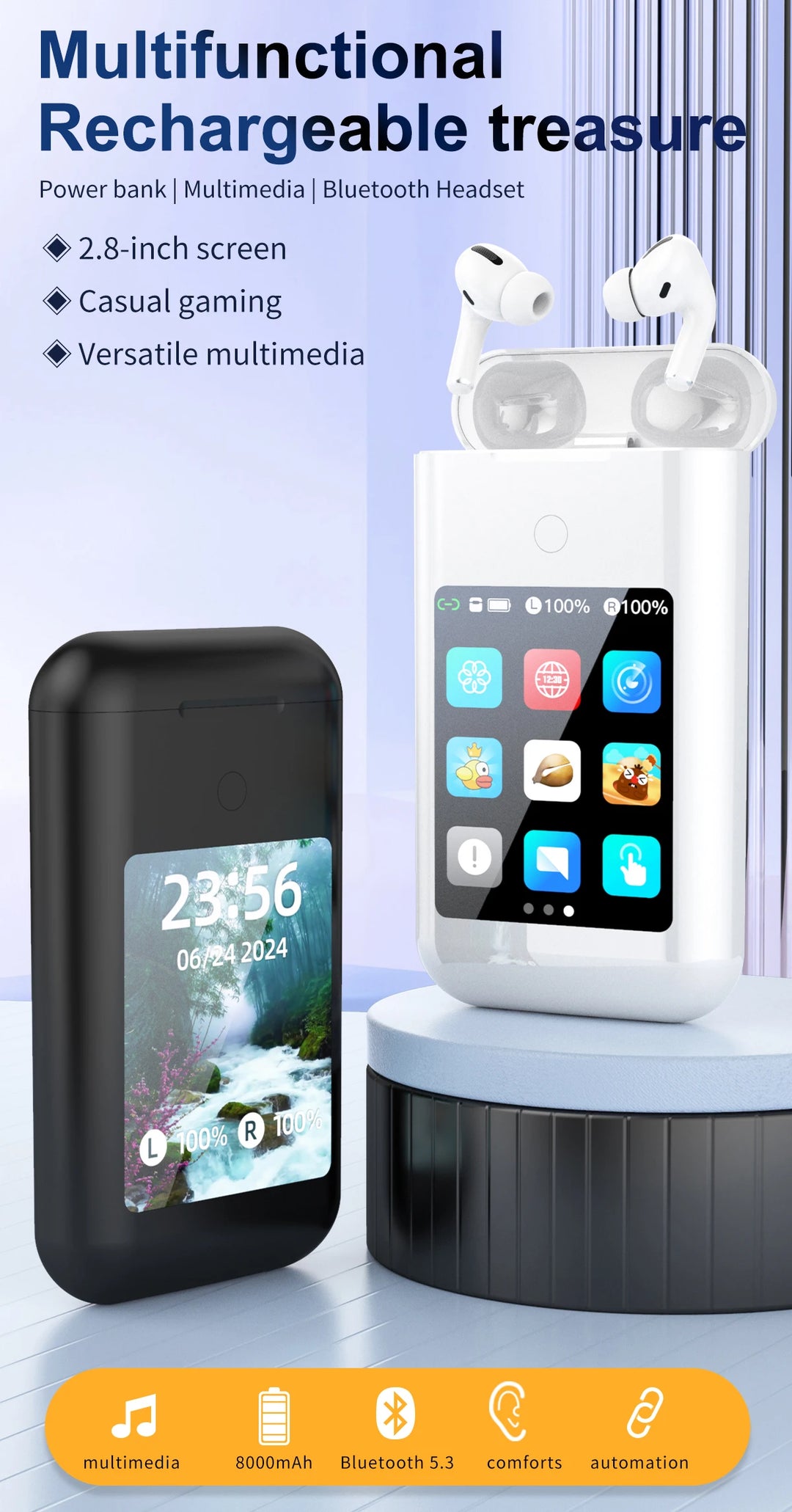 SIMSONLAB TWS Bluetooth 5.3 – 8000mAh Power Bank & MP4