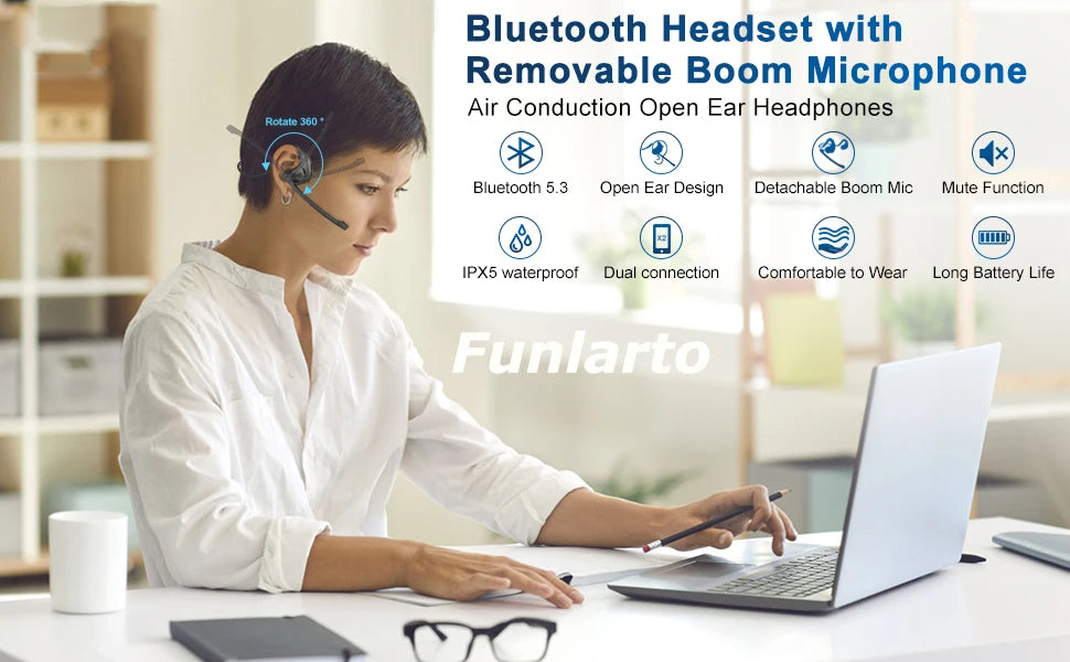 Funlarto Bluetooth Open-Ear Headphones – 10H, Mic, Waterproof