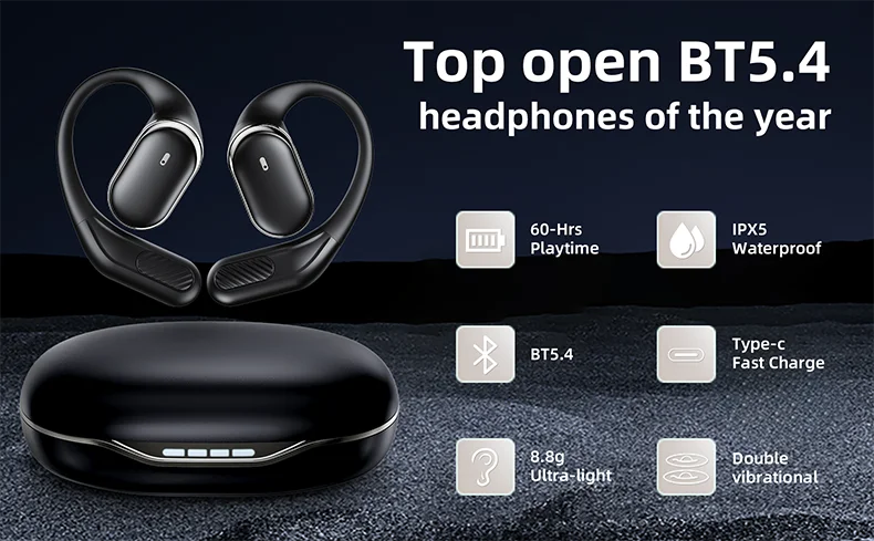 Arikasen Bluetooth 5.3 Open-Ear – 60h Playtime, ENC Mic