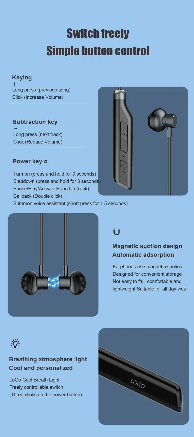 LIUTIANFEI Bluetooth Neckband Headphones – 27h Battery & Vibration Alerts