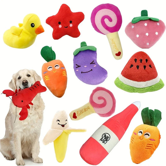 “10pcs Plush Puppy Teething Toys – Squeaky Fruit & Veggie Chew Set”
