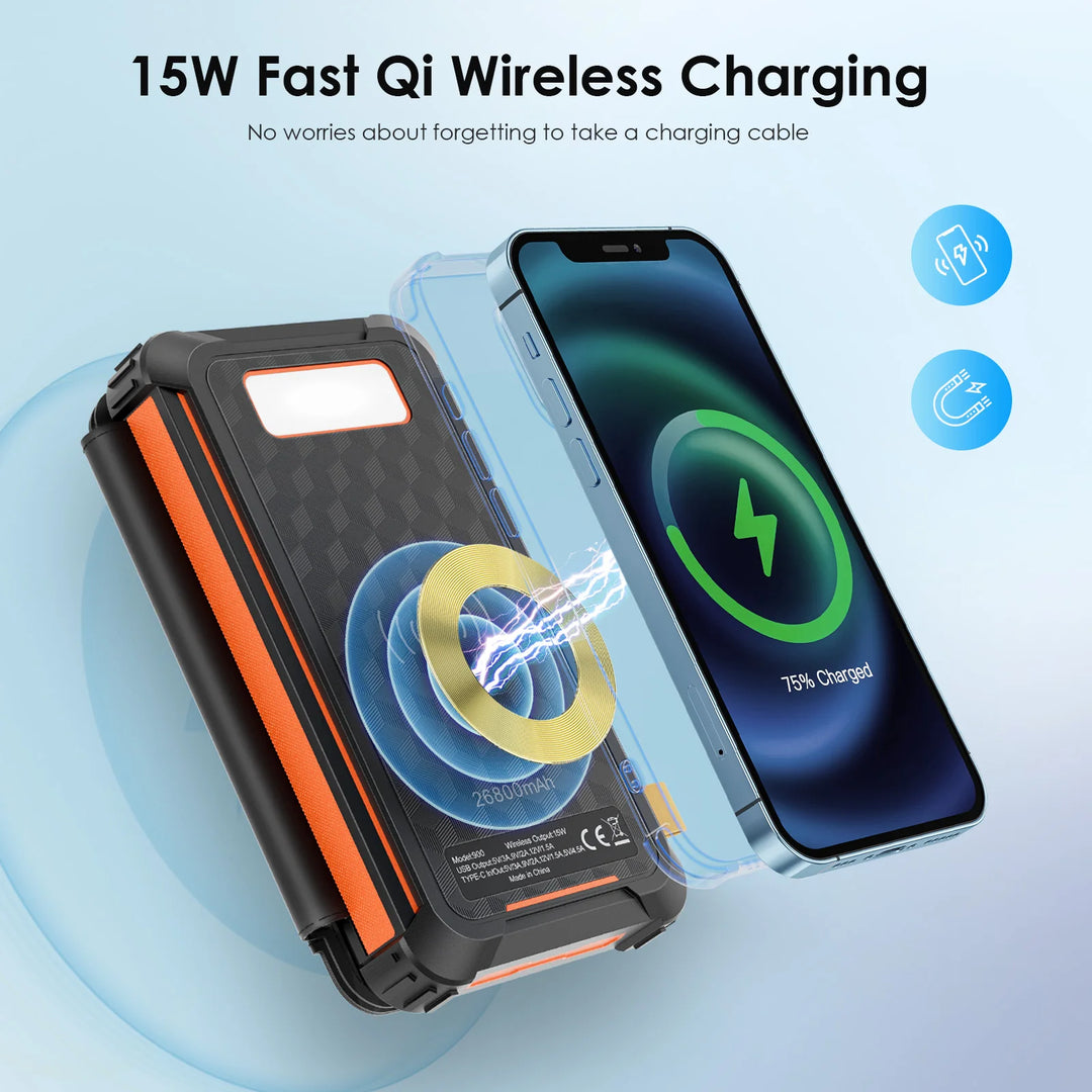 26800mAh Solar Power Bank | Wireless Fast Charging