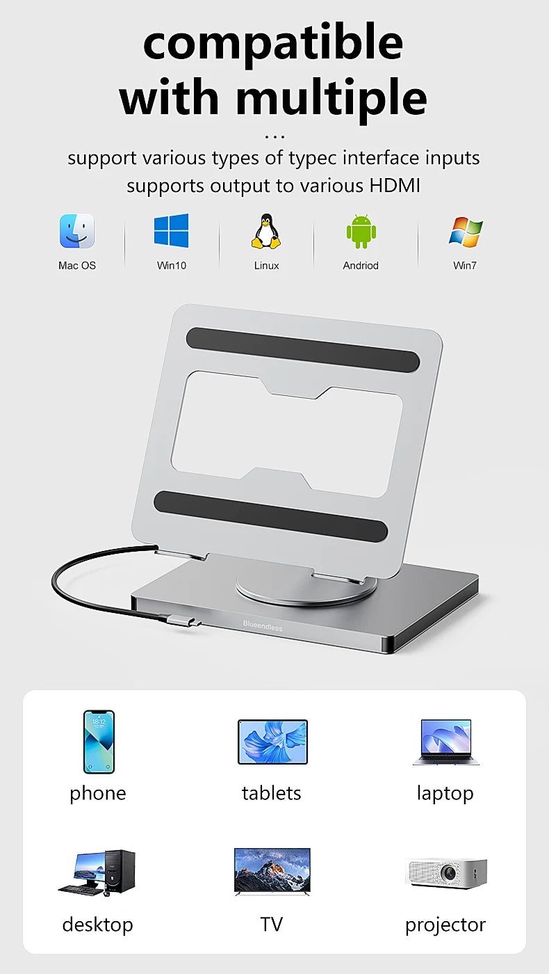 Blueendless 10-in-1 USB-C Laptop Stand Hub with HDMI, PD 100W & Ethernet