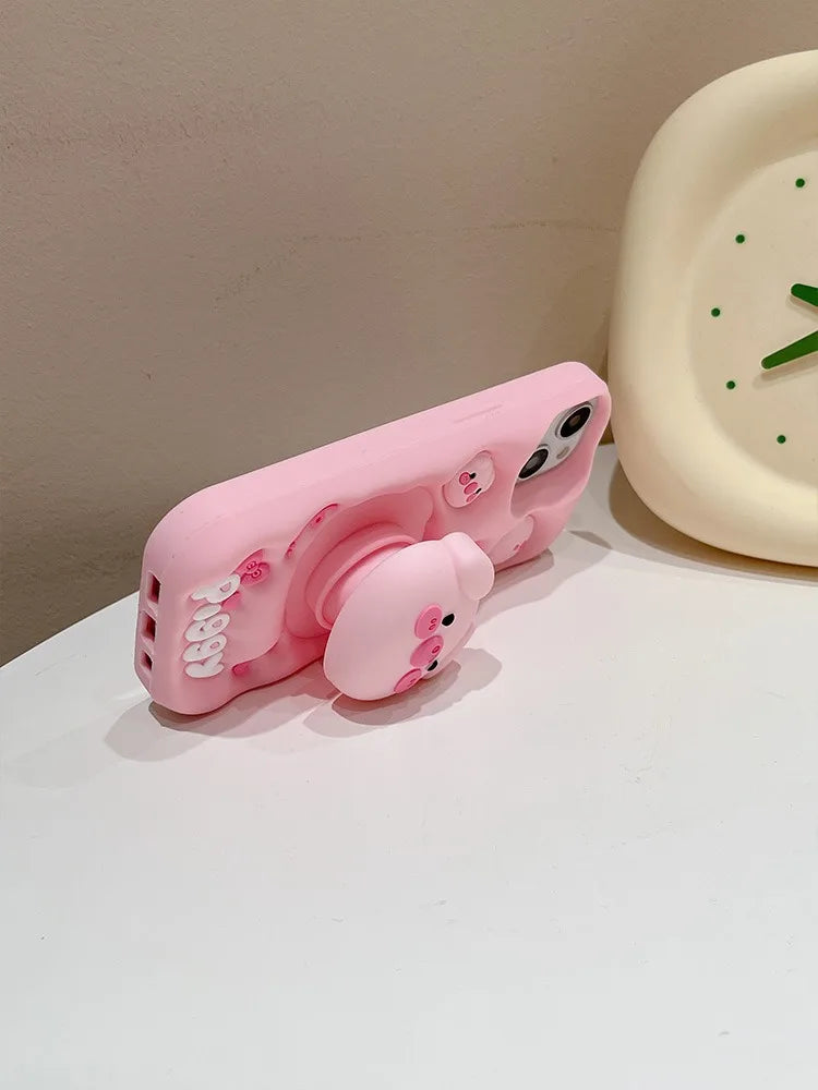 3D Pig Silicone iPhone Case with Kickstand – Cute & Shockproof (11–15 Series) – phone-case