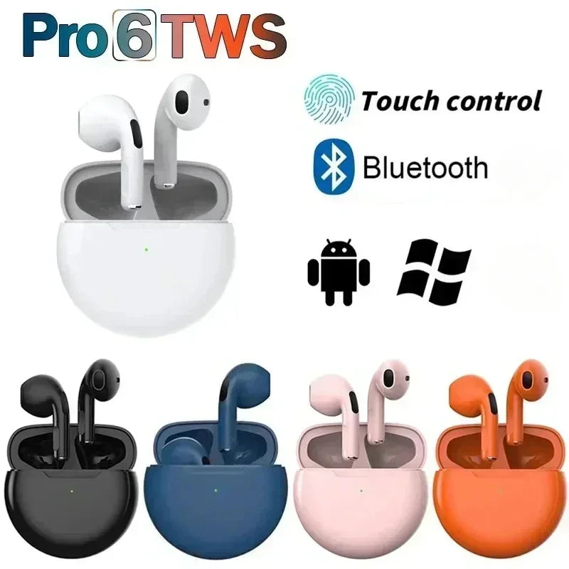 Pro 6 TWS Wireless Bluetooth Earbuds – Stereo Sound, Mic, Compact Charging Case