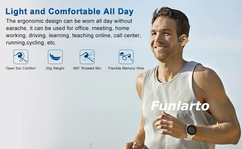 Funlarto Bluetooth Open-Ear Headphones – 10H, Mic, Waterproof