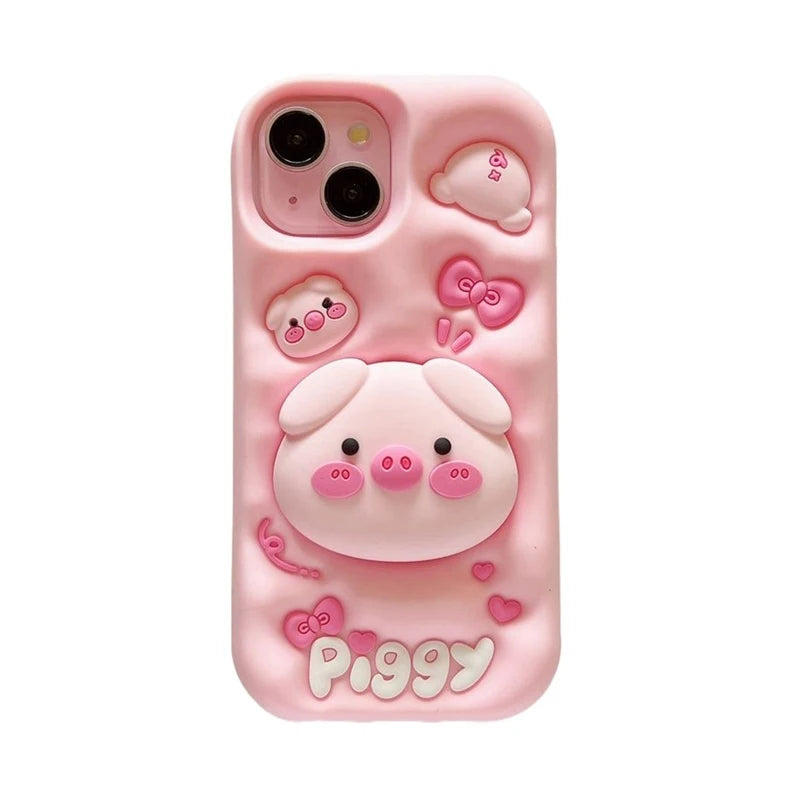 3D Pig Silicone iPhone Case with Kickstand – Cute & Shockproof (11–15 Series) – phone-case