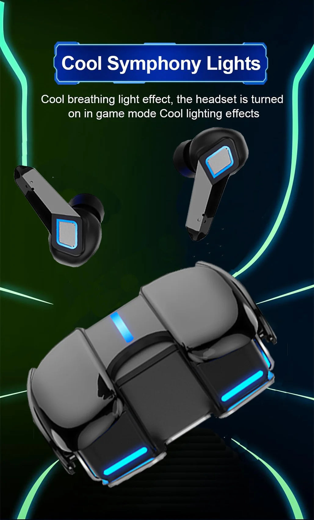 PloutoRich Bluetooth 5.0 Gaming Earbuds – Dual Mode, LED