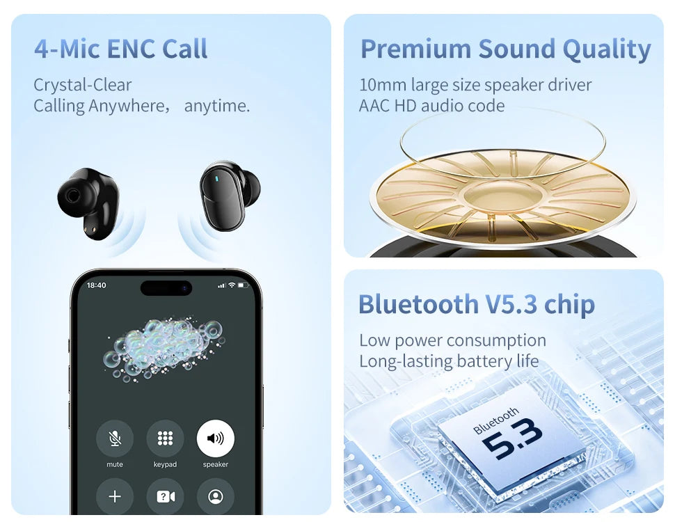 Beatfade Bluetooth 5.3 Earbuds – 60h Battery, ENC Mic & Game Mode