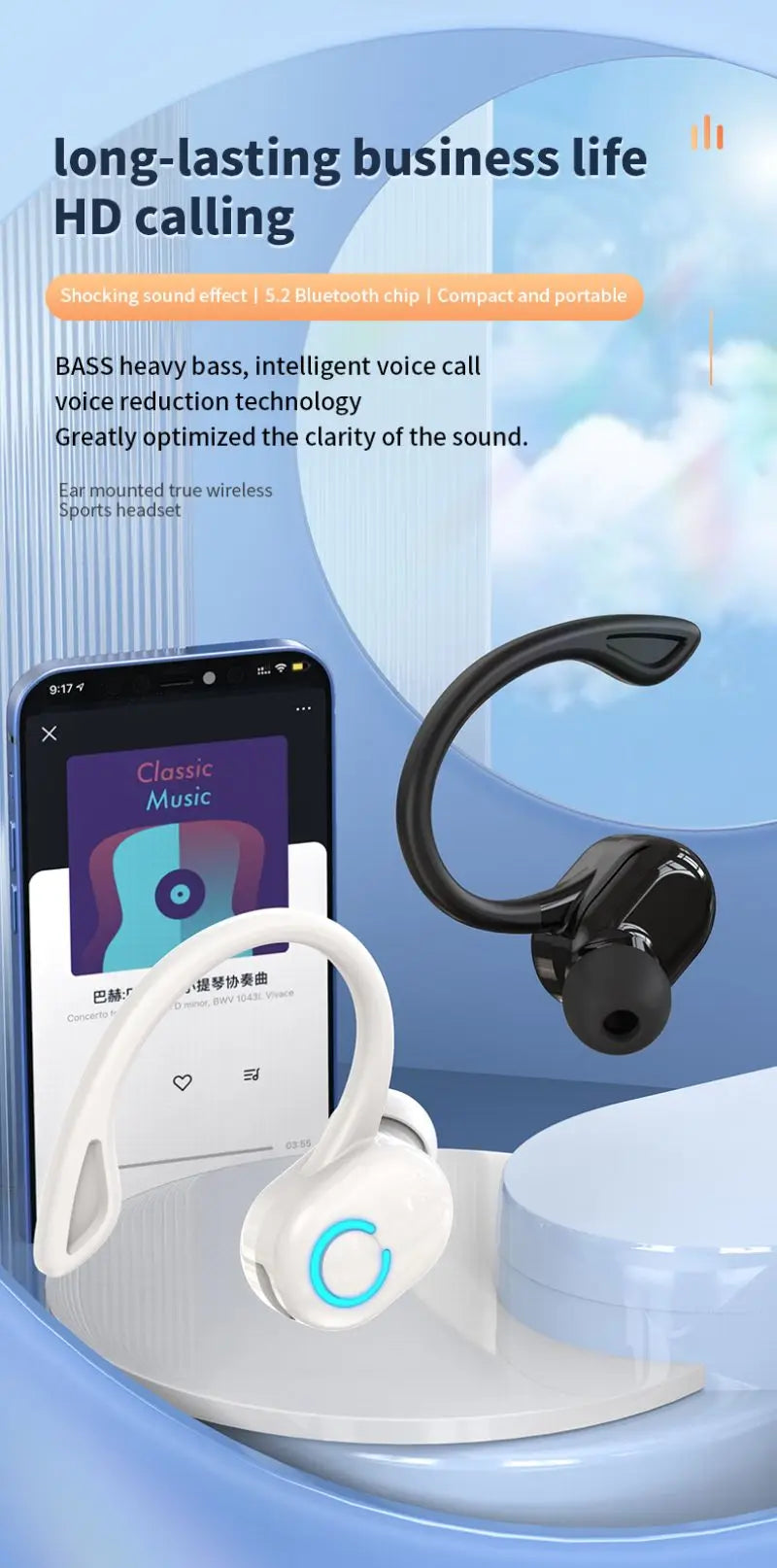 Kebidumei Bluetooth 5.2 Ear Hook – Noise Cancelling, Waterproof