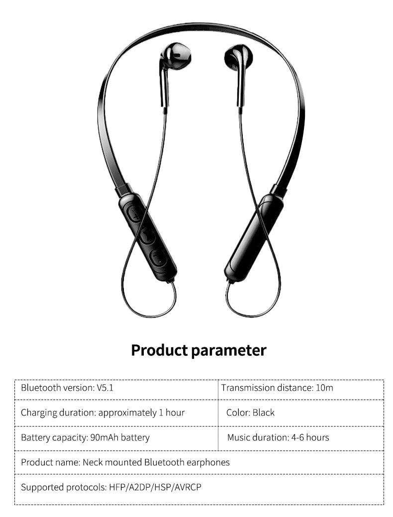 Neckband Bluetooth Earphones – 9D Audio, Noise Reduction, Sports