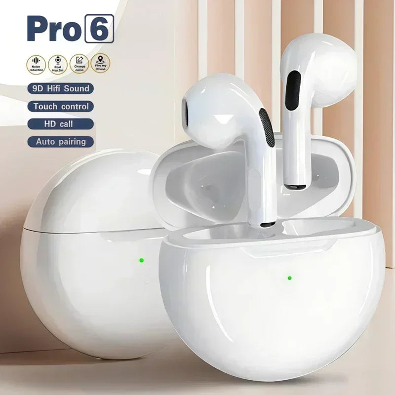 Pro 6 TWS Wireless Bluetooth Earbuds – Stereo Sound, Mic, Compact Charging Case