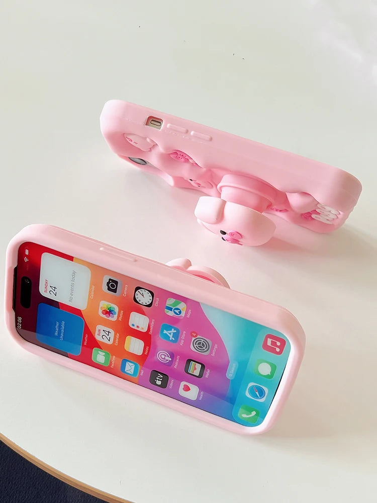 3D Pig Silicone iPhone Case with Kickstand – Cute & Shockproof (11–15 Series) – phone-case