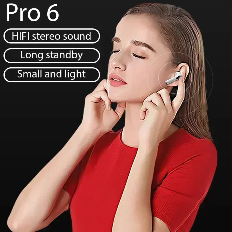 Pro 6 TWS Wireless Bluetooth Earbuds – Stereo Sound, Mic, Compact Charging Case