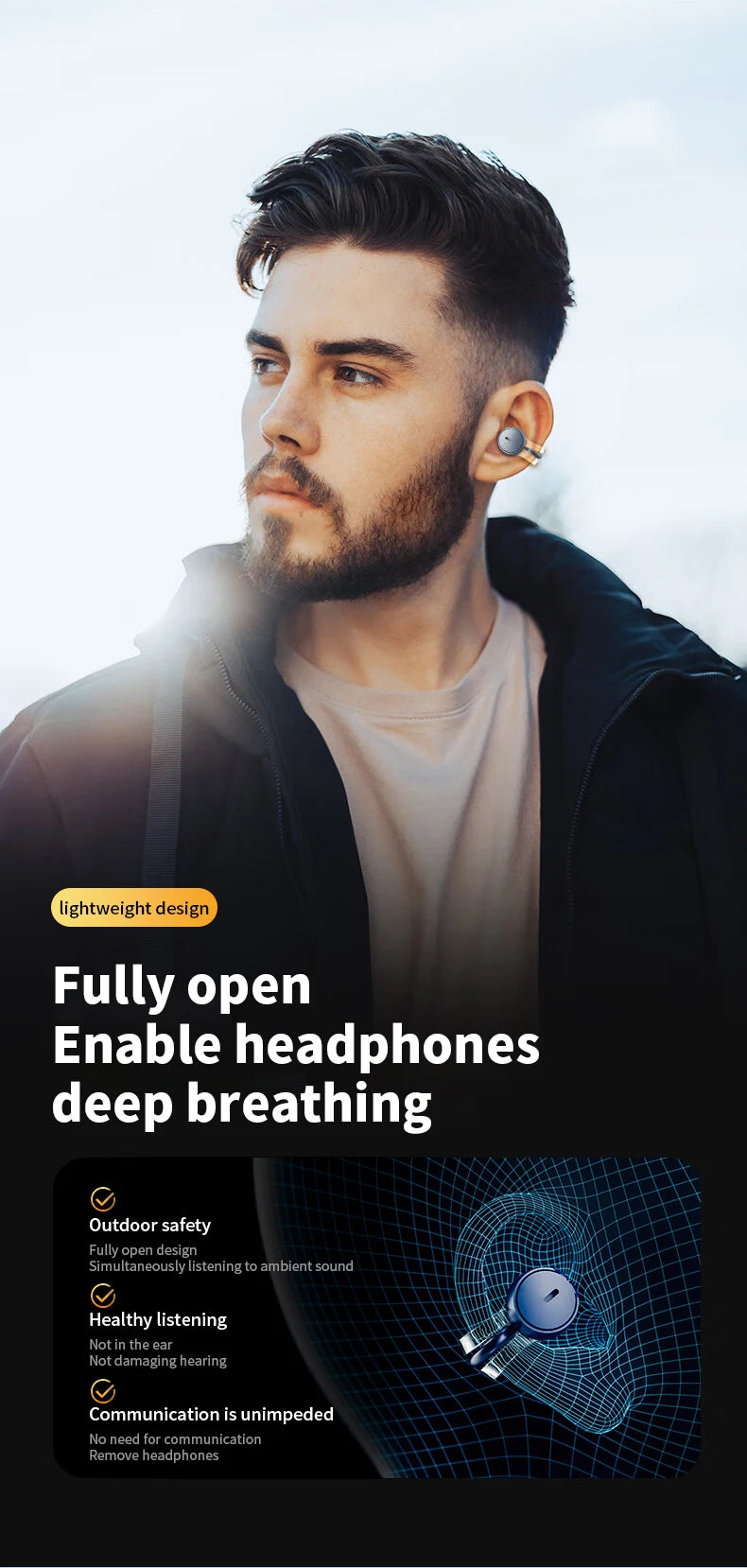 iHseno I36 Open-Ear TWS Earphones – Bluetooth 5.3, Clip-On, Waterproof
