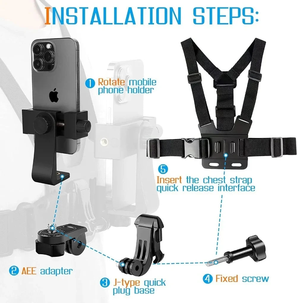 POV Chest Phone Mount – Adjustable Strap & 145° Clip Holder for Smartphone & Action Cam