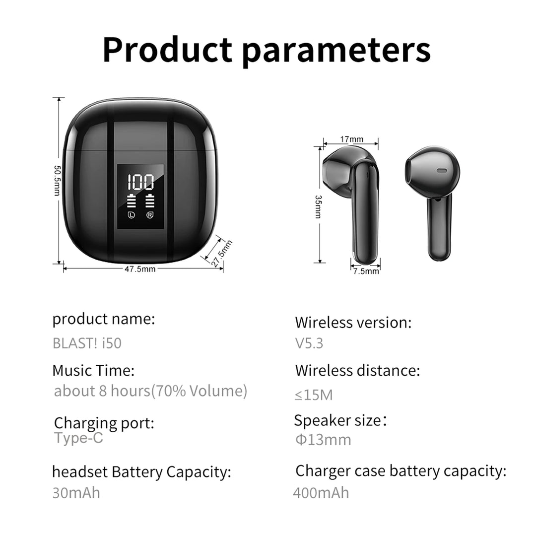 BLAST! i50 Bluetooth 5.3 Earbuds – LED Display & 8H Playtime