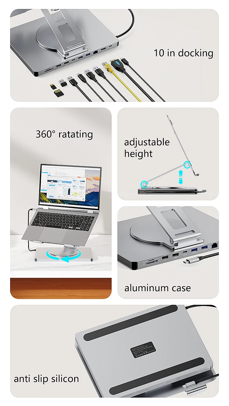 Blueendless 10-in-1 USB-C Laptop Stand Hub with HDMI, PD 100W & Ethernet