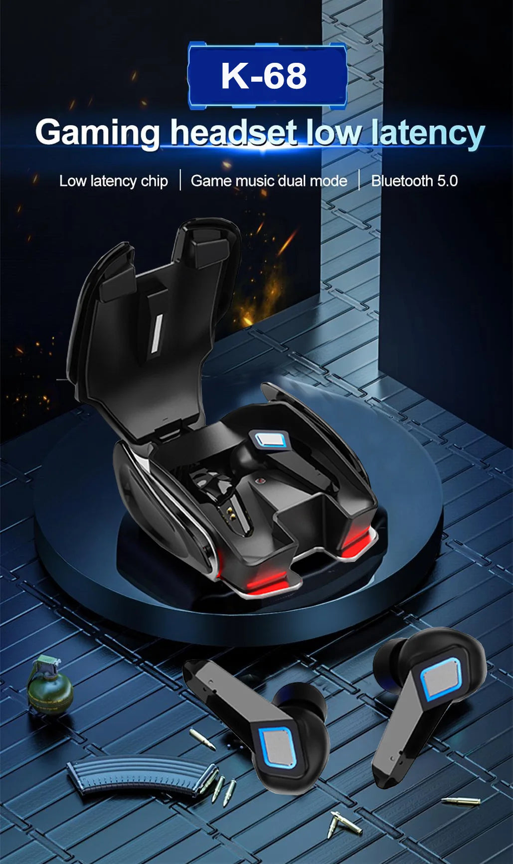 PloutoRich Bluetooth 5.0 Gaming Earbuds – Dual Mode, LED