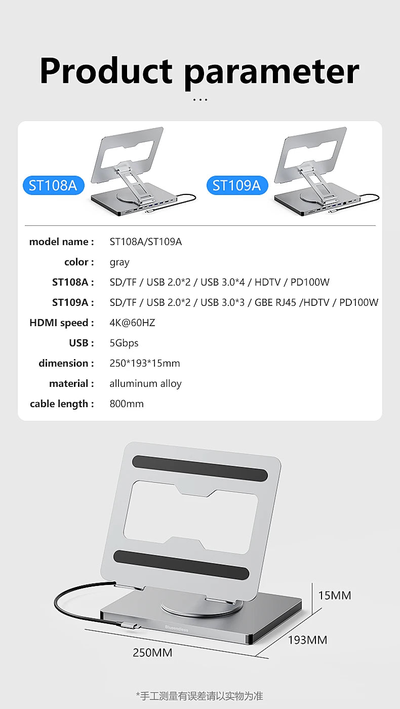 Blueendless 10-in-1 USB-C Laptop Stand Hub with HDMI, PD 100W & Ethernet