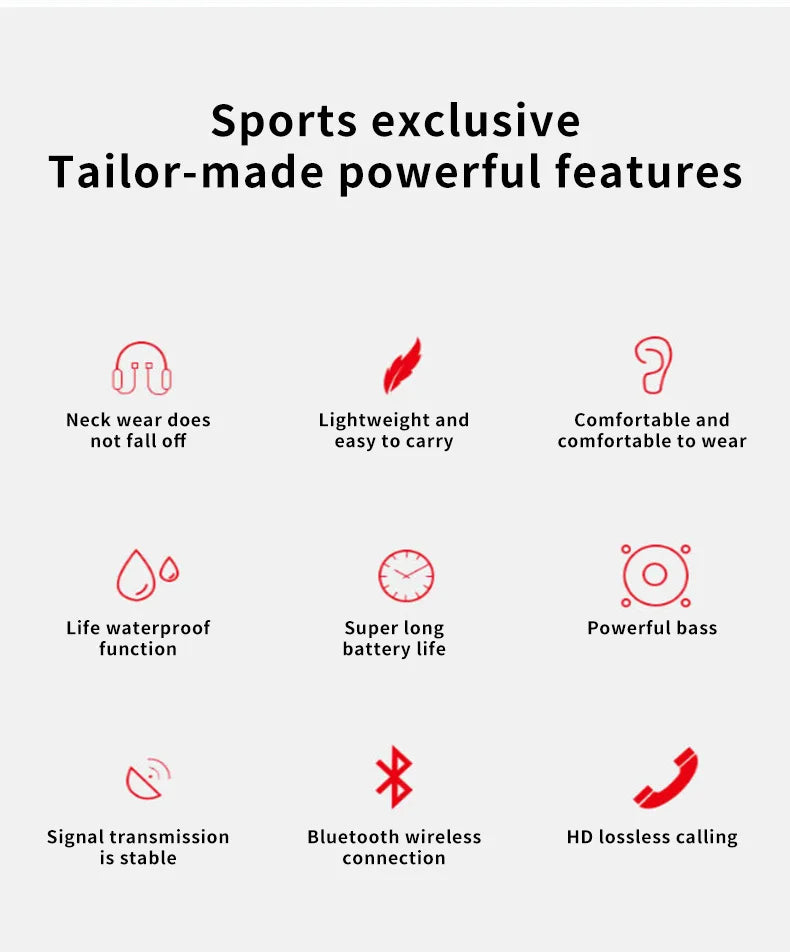 Neckband Bluetooth Earphones – 9D Audio, Noise Reduction, Sports