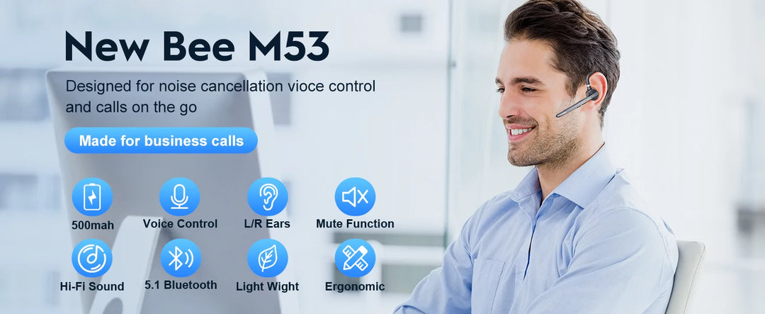 New Bee M53 Bluetooth Headset – Dual Mic, 12H Battery Life – audio-accessory