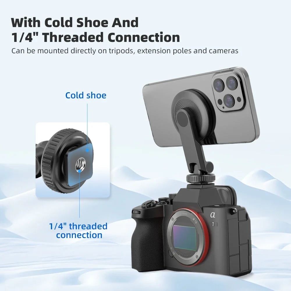 BRDRC Magnetic Tripod Mount for iPhone 12–15 – MagSafe Holder with Cold Shoe & 1/4" Thread