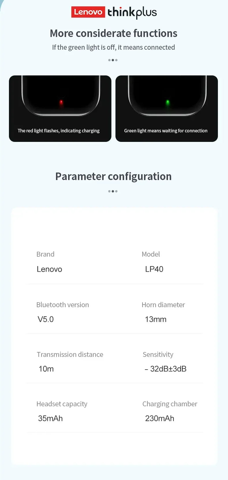 Lenovo LP40 Bluetooth 5.3 Earbuds – TWS Waterproof Earphones