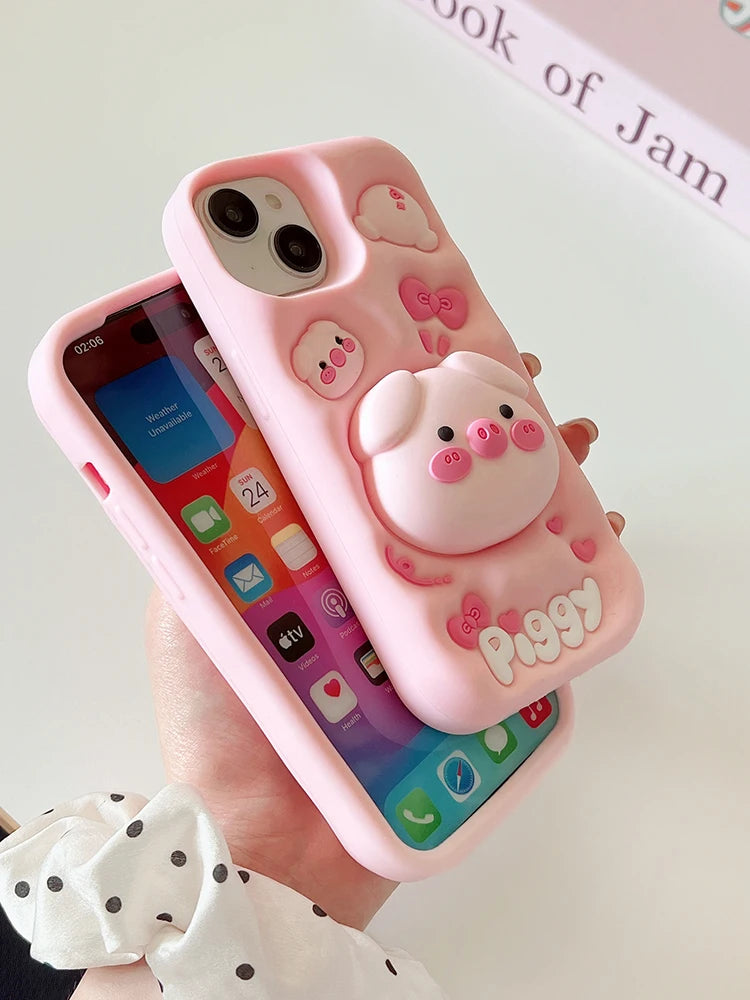 3D Pig Silicone iPhone Case with Kickstand – Cute & Shockproof (11–15 Series) – phone-case