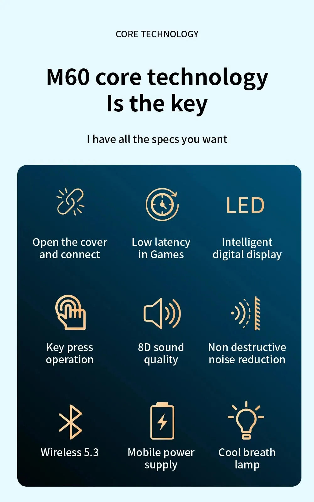 M60 Bluetooth 5.3 Earphones – TWS, Power Bank, LED Display