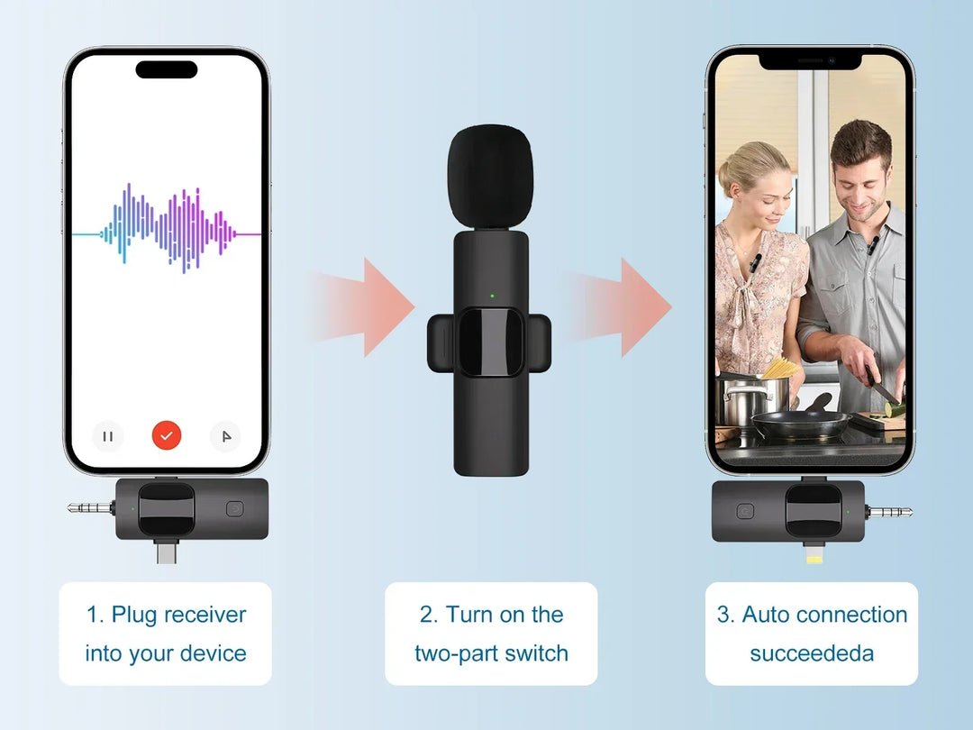 VIKEFON 3-in-1 Wireless Lavalier Microphone – Plug & Play Mic for iPhone, Android, DSLR & PC