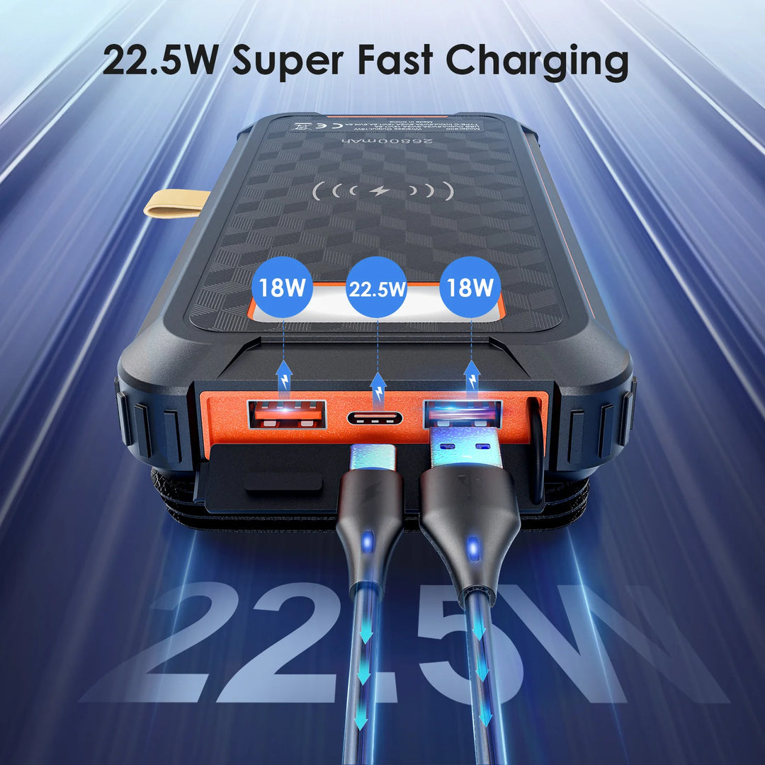 26800mAh Solar Power Bank | Wireless Fast Charging
