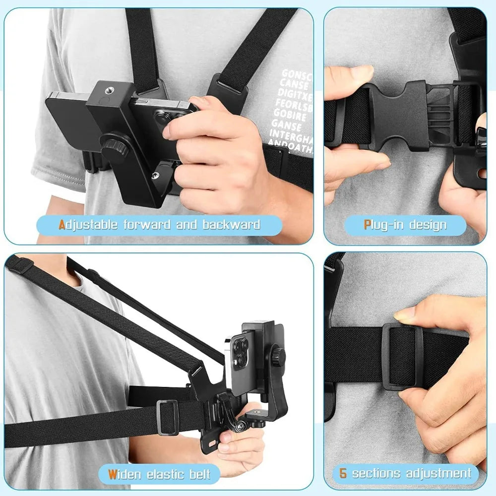 POV Chest Phone Mount – Adjustable Strap & 145° Clip Holder for Smartphone & Action Cam