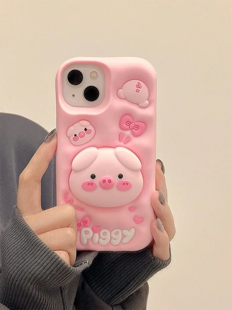3D Pig Silicone iPhone Case with Kickstand – Cute & Shockproof (11–15 Series) – phone-case