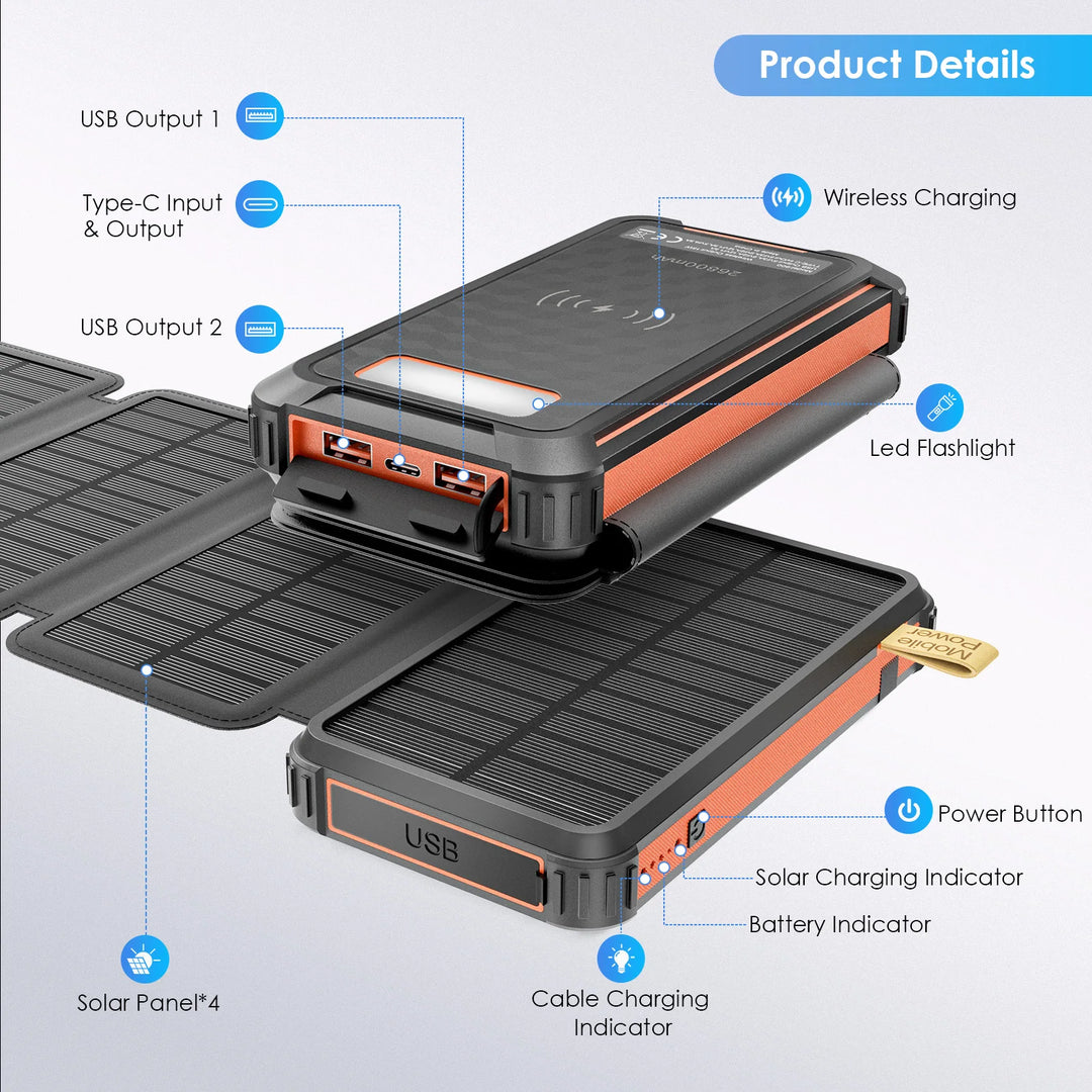 26800mAh Solar Power Bank | Wireless Fast Charging