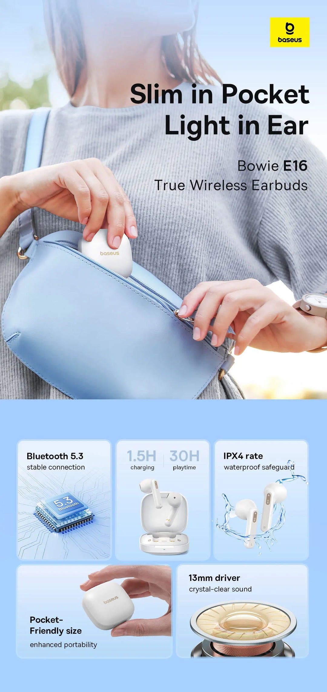 BASEUS Bluetooth 5.3 Earbuds – 30H Battery, TWS Wireless