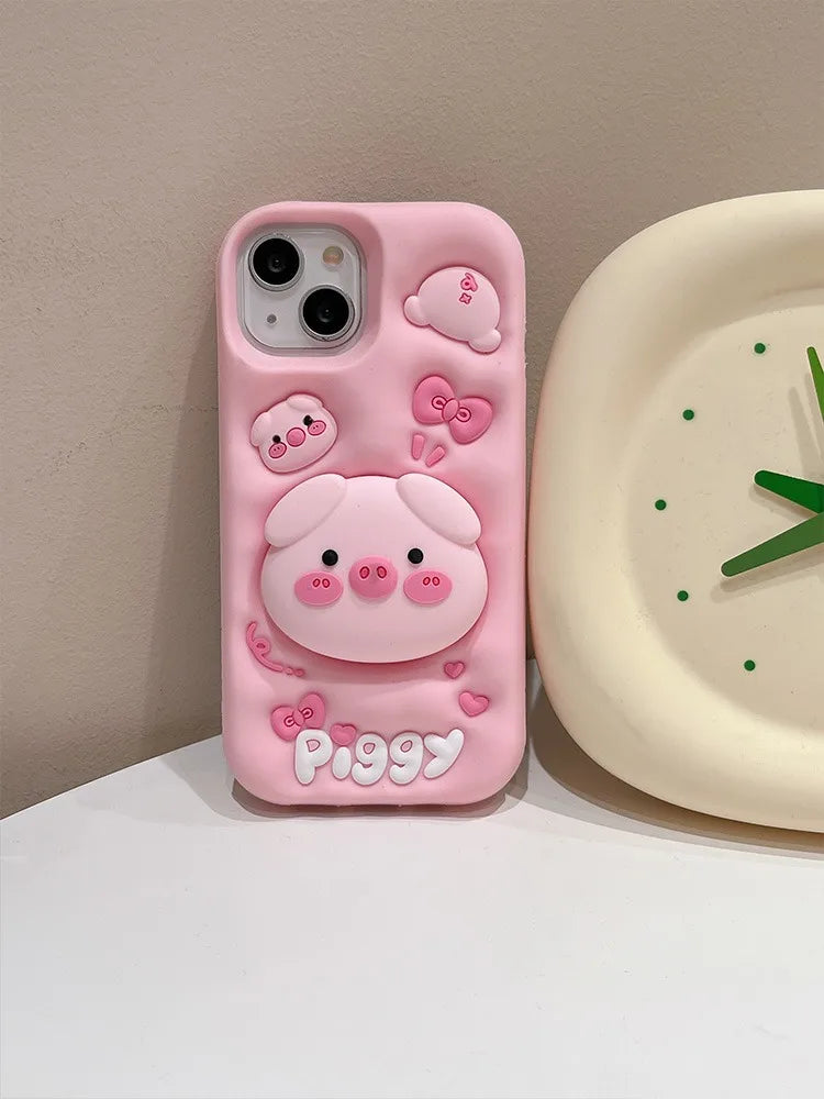 3D Pig Silicone iPhone Case with Kickstand – Cute & Shockproof (11–15 Series) – phone-case