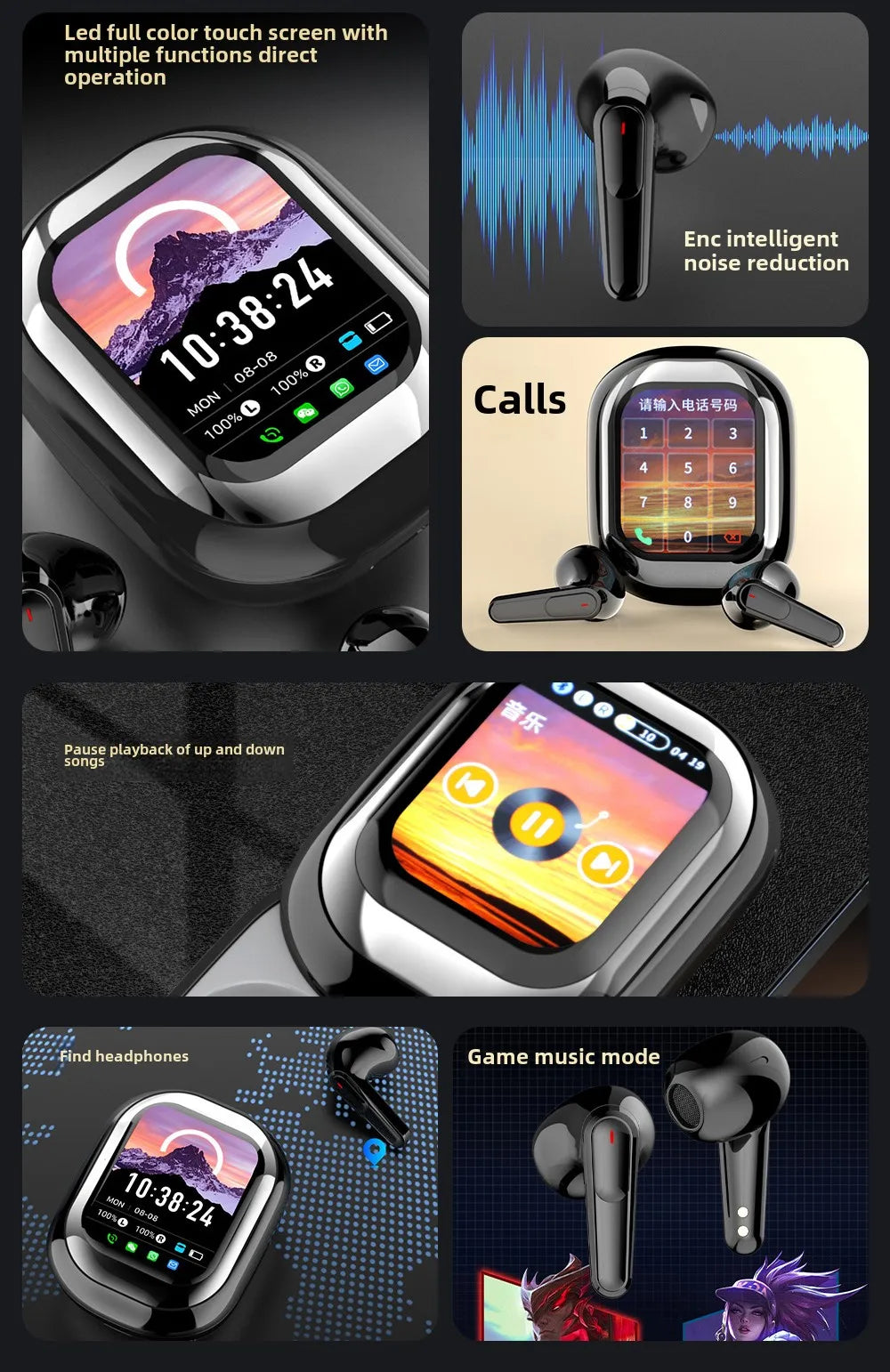 Smart Bluetooth Earphones – ANC, Touch Screen, Long Battery