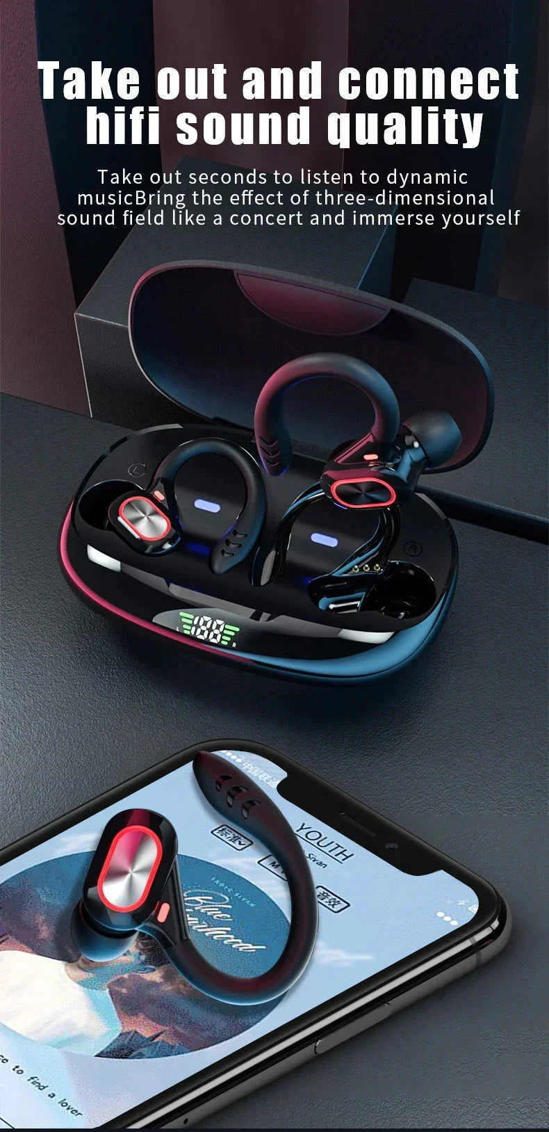 OLEVO Bluetooth 5.3 Ear Hook Earbuds – ANC, IPX6, HiFi Sound