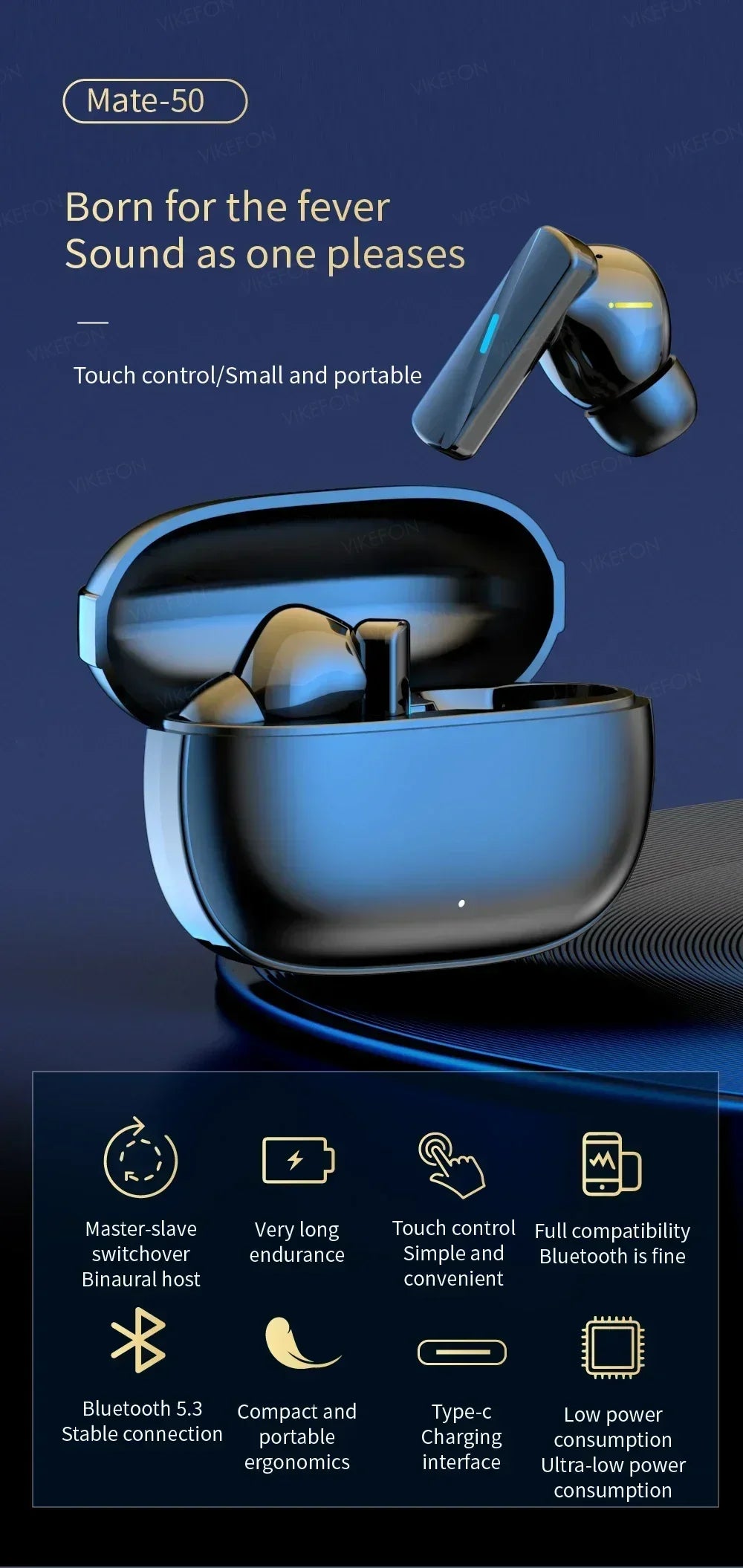 VIKEFON Bluetooth 5.3 Wireless Earbuds – Noise Cancelling & Mic