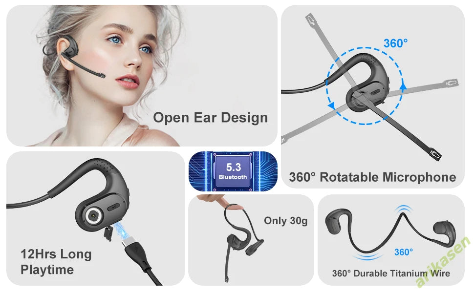 Arikasen Open Ear Bluetooth 5.3 Headphones with Mic – 10H Playtime