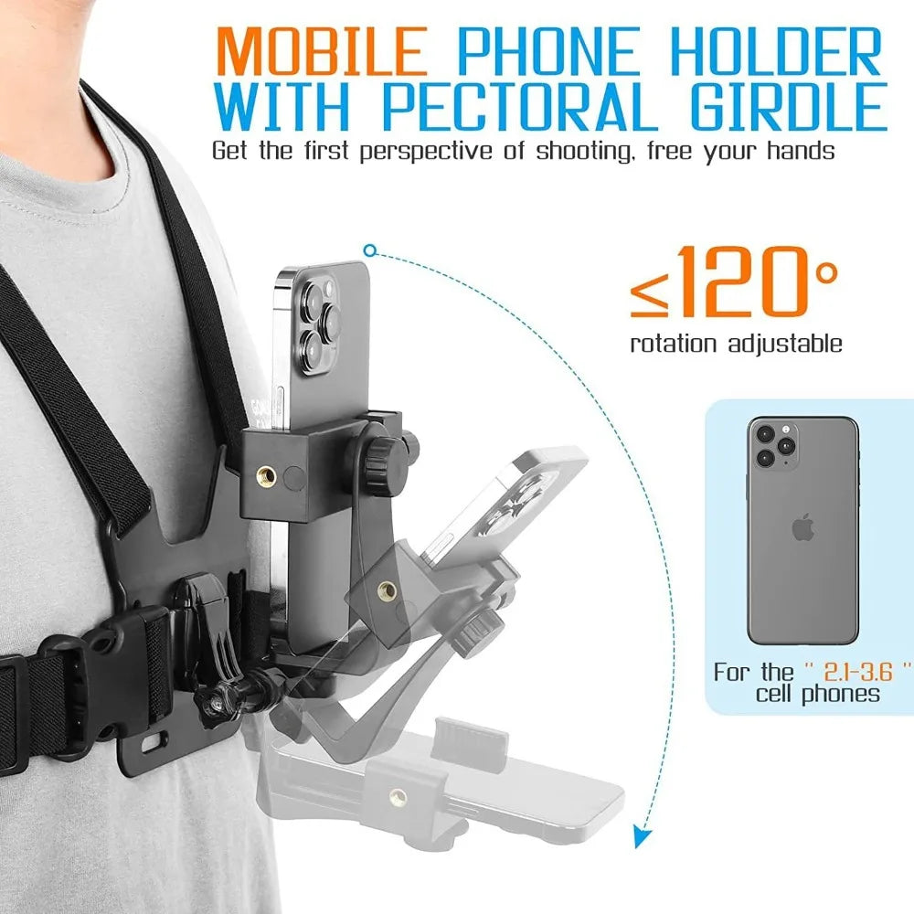 POV Chest Phone Mount – Adjustable Strap & 145° Clip Holder for Smartphone & Action Cam