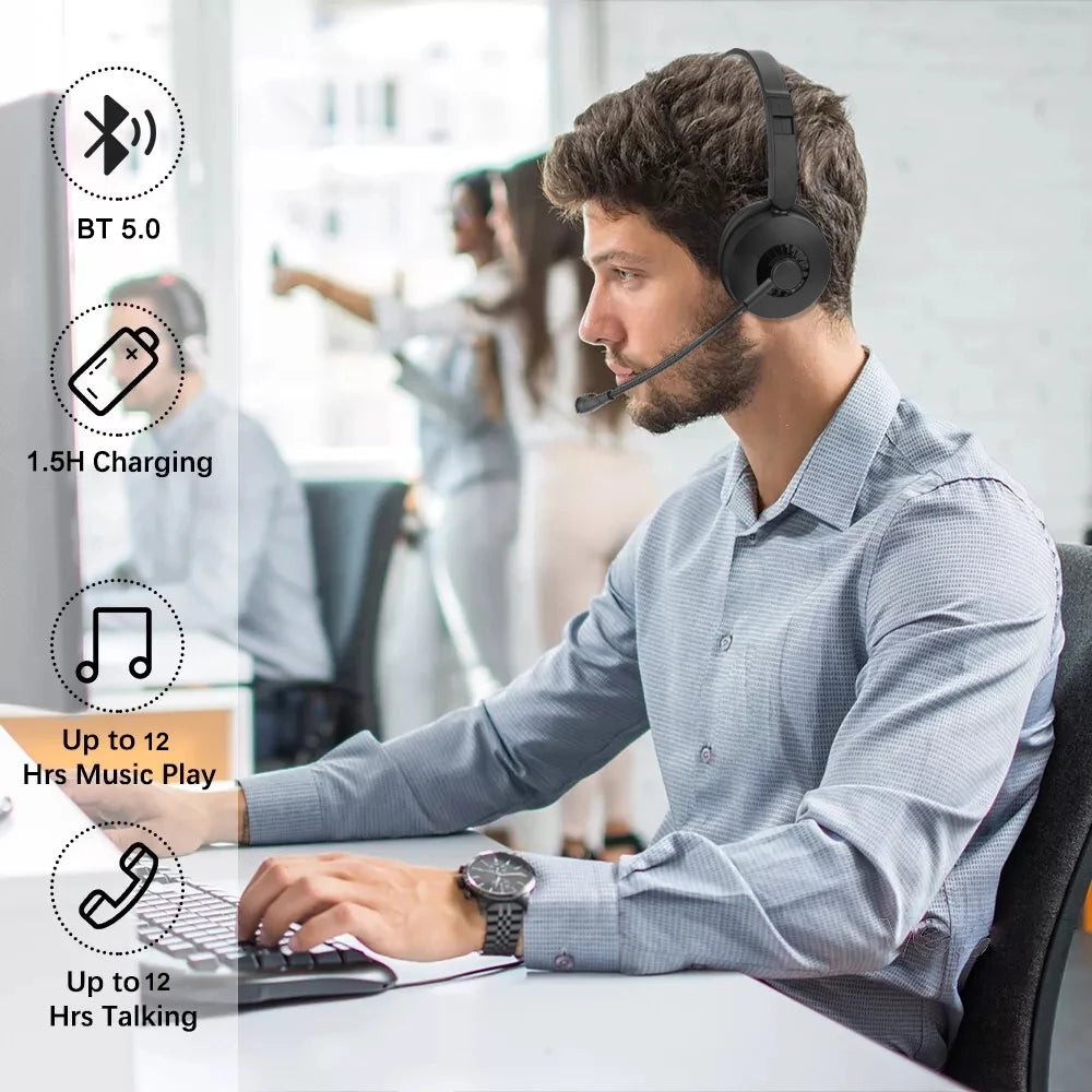 occkic Bluetooth 5.0 Wireless Headset – 12H Playtime, Boom Mic, HiFi Sound, Type-C Charging