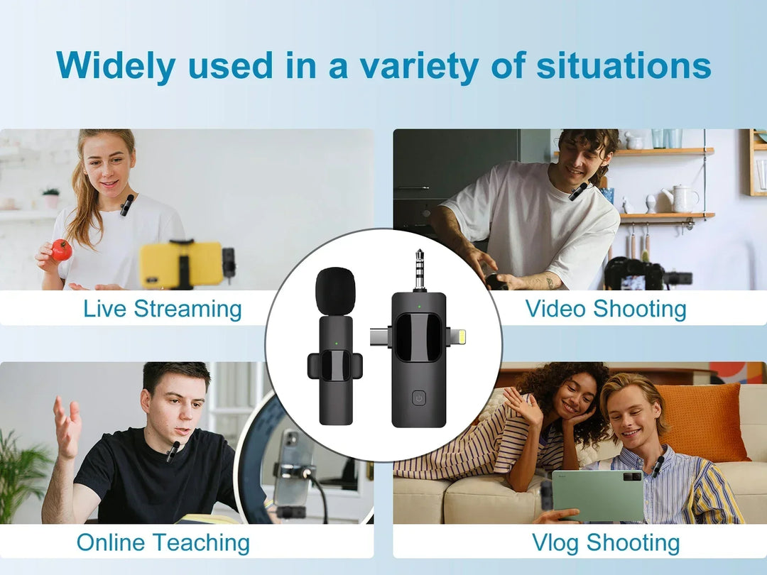 VIKEFON 3-in-1 Wireless Lavalier Microphone – Plug & Play Mic for iPhone, Android, DSLR & PC
