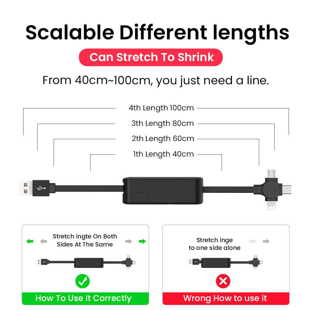 Retractable 3-in-1 Charging Cable – Lightning, USB-C, Micro USB | 100cm