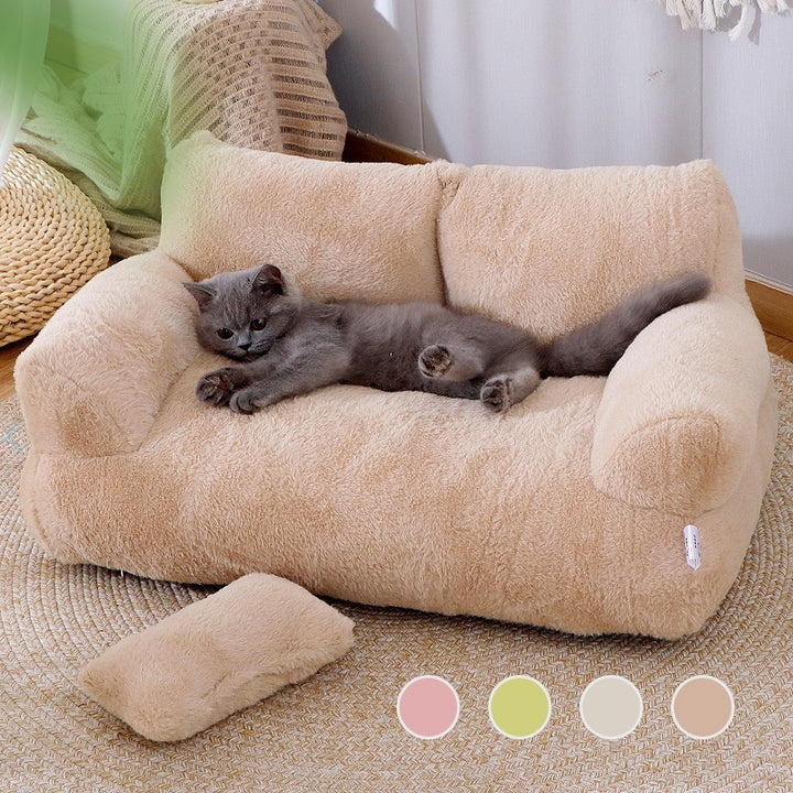 Plush Cat Sofa Bed with Pillow – Soft, Anti-Slip Lounger for Cats – grooming kit