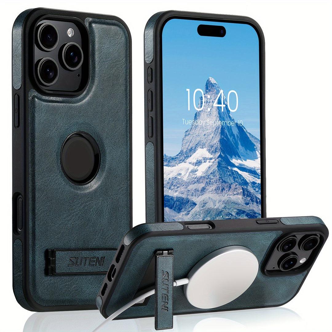 SUTENI Faux Leather iPhone Case – MagSafe, Stand, Wireless Charging