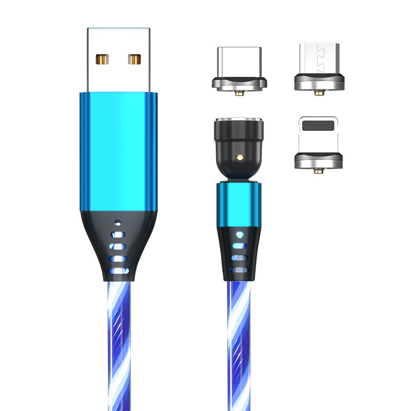 LED Magnetic Charging Cable – 540° Rotating 3-in-1 Fast Charger with Flowing Light