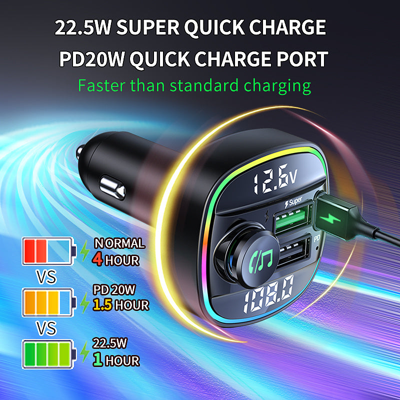 Bluetooth Car MP3 Charger – FM Transmitter, QC3.0/PD Fast Charging, RGB Display