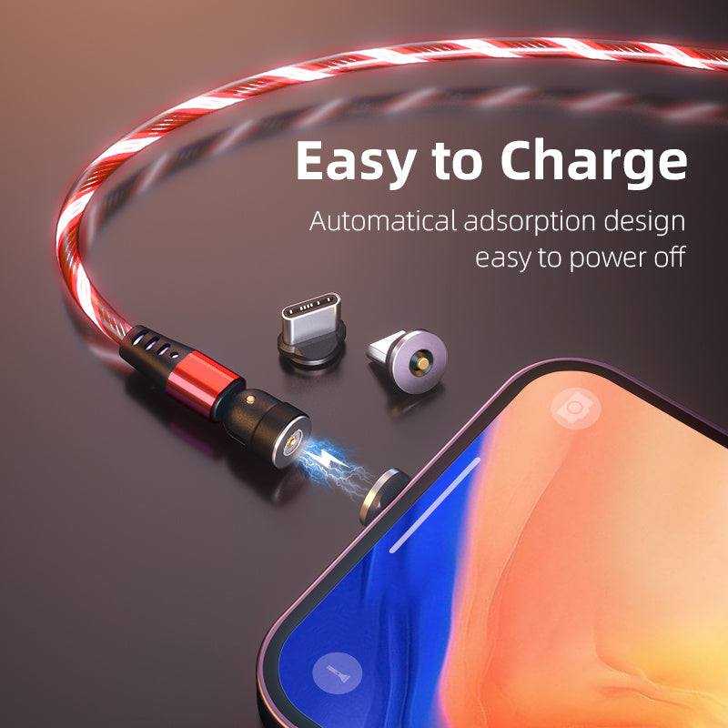LED Magnetic Charging Cable – 540° Rotating 3-in-1 Fast Charger with Flowing Light